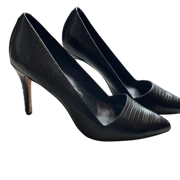 Alice + Olivia Stacey Bendet Black Croc Embossed Leather Pointed Toe Heels 38.5 - Picture 4 of 9